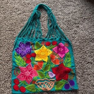Beautiful colorful bright Floral woven Embroidered Tote Bag beach grocery purse